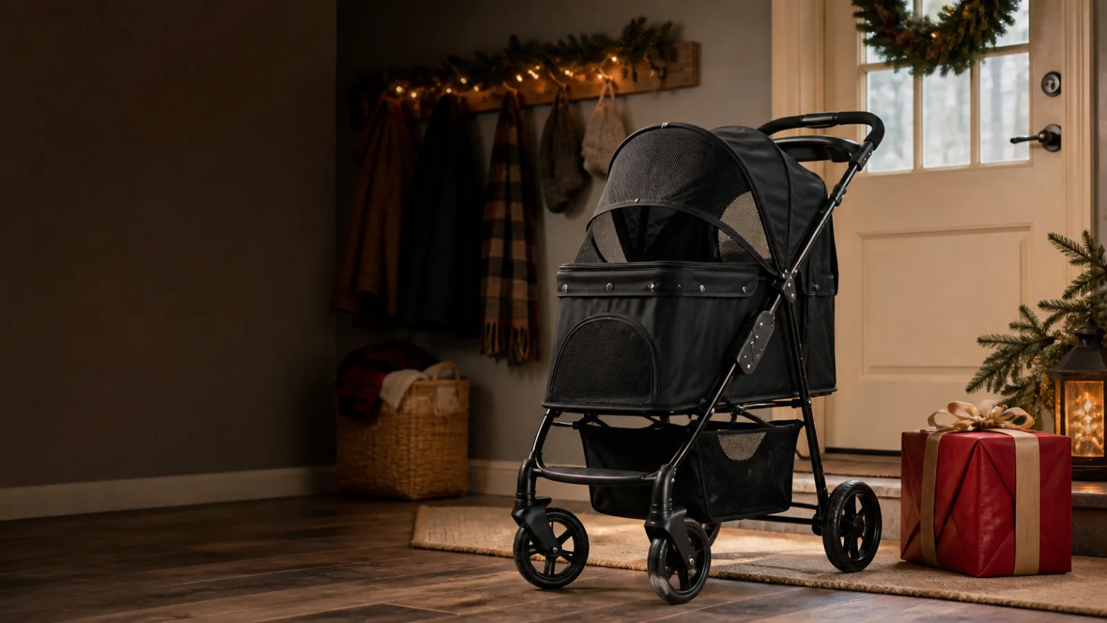Representative black pet stroller in a warm entryway beside a red Christmas gift