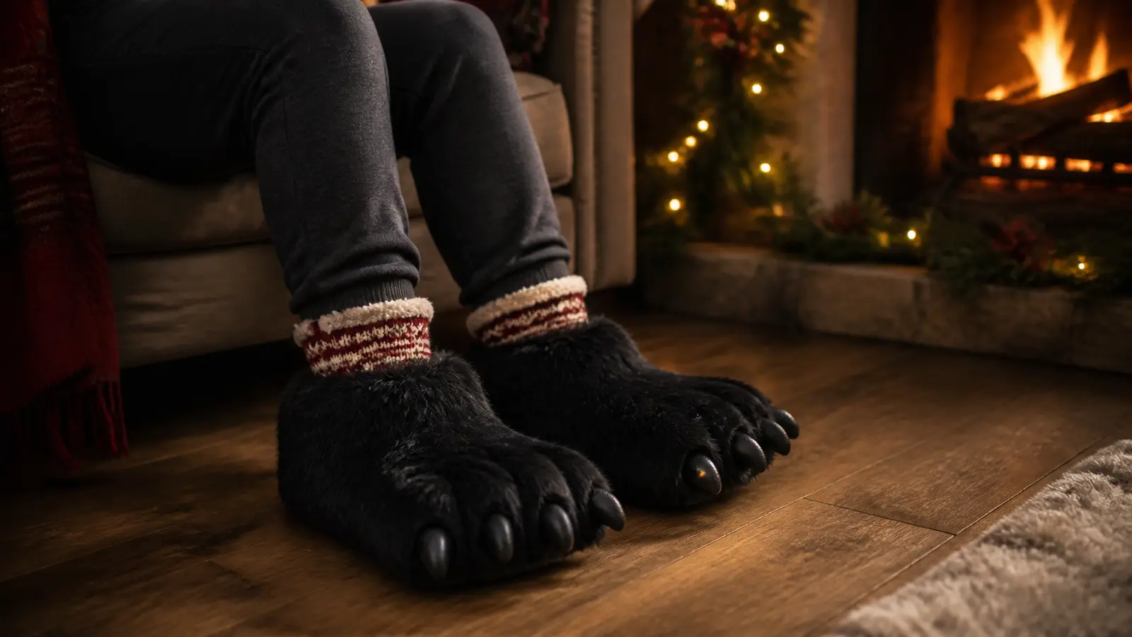 Oversized fuzzy black bear-paw slippers beside a decorated Christmas fireplace