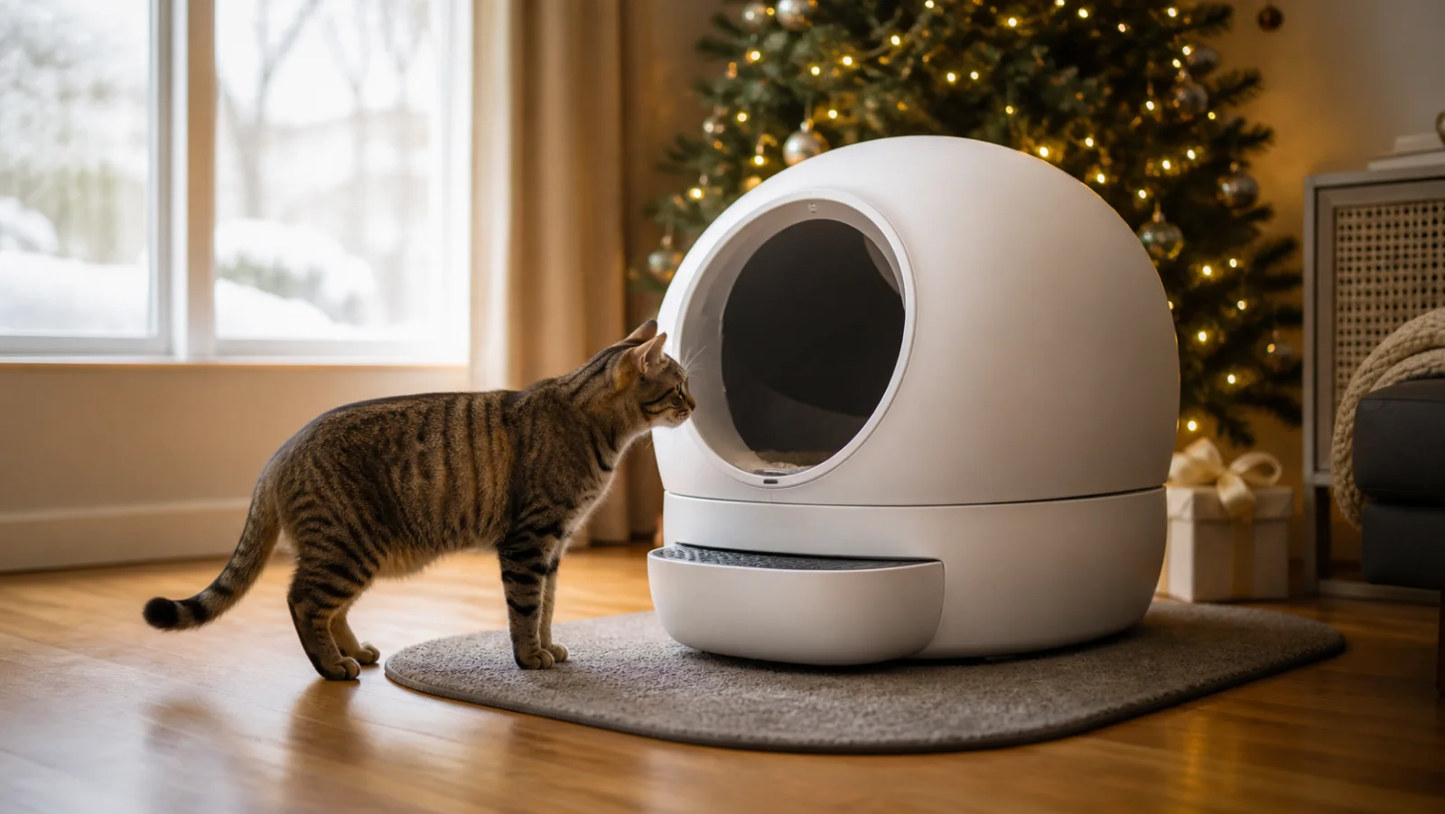 Representative tabby cat investigating a large white automatic litter box beside a Christmas tree