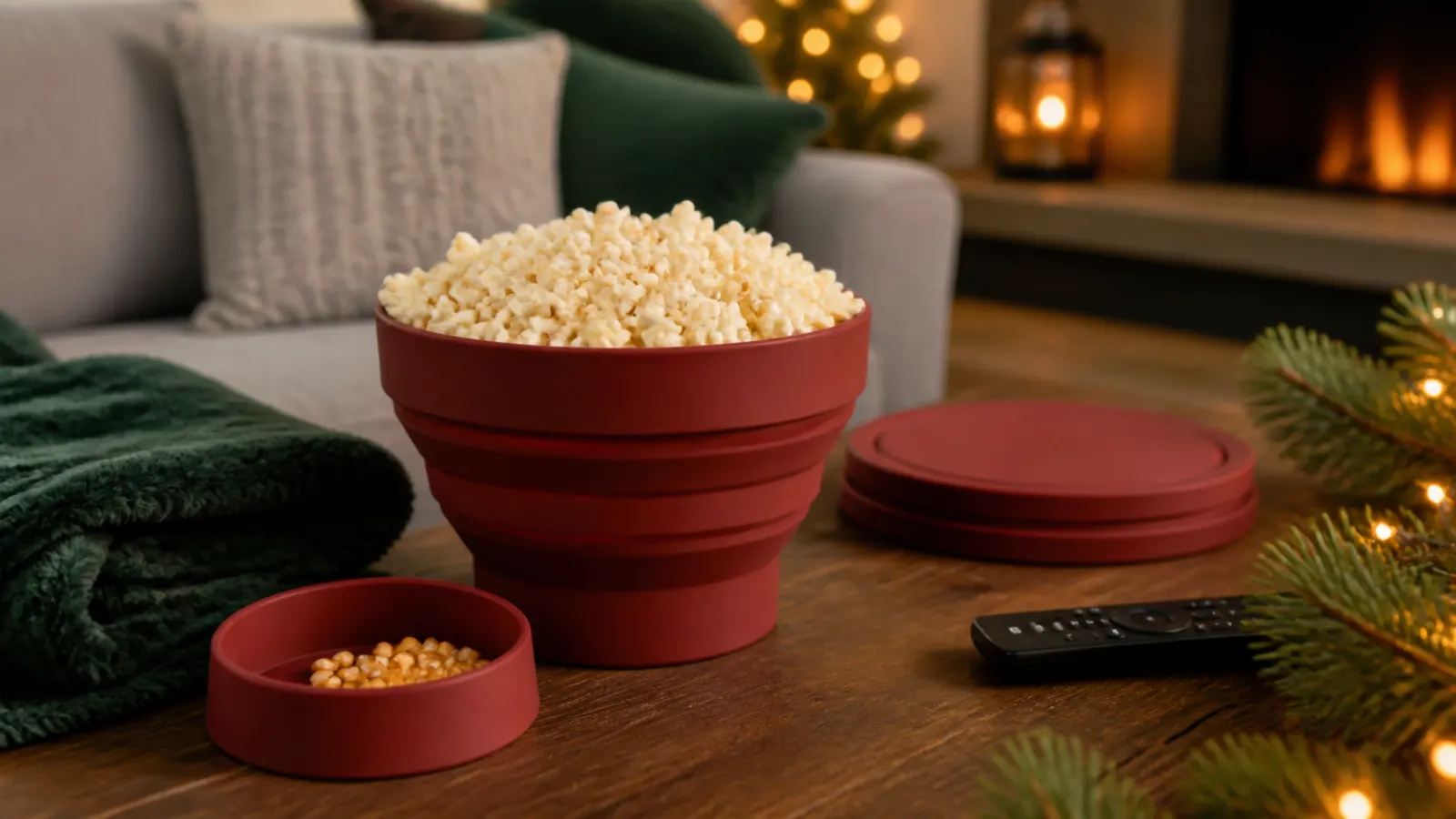 Representative compact red collapsible silicone popcorn bowl expanded with freshly popped corn for movie night