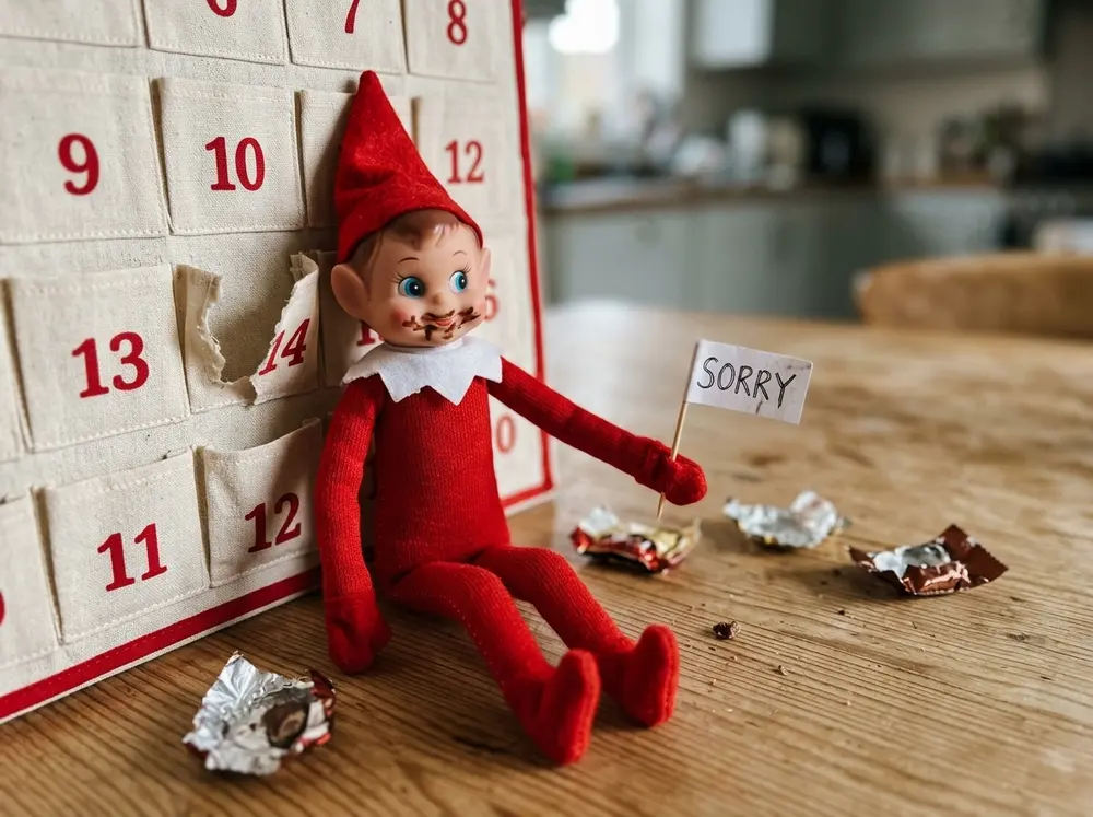 Toy elf doll is caught with one advent door open, chocolate smudge drawn on its face, holding a 'sorry' flag