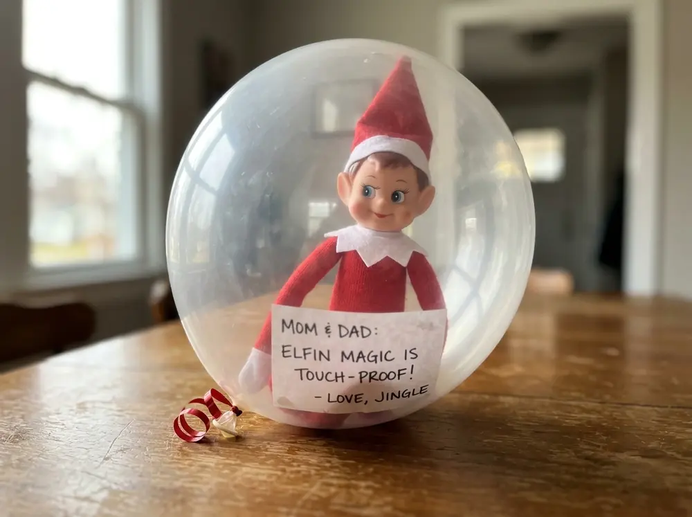 Toy elf doll arrives inside a clear inflated balloon (a florist can seal it in, or use a wide-neck balloon and a steady hand) — magic-proof and…