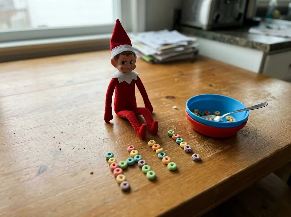 Toy elf doll sits by the child's bowl having spelled the family's last name (or 'HI!') in cereal on the table