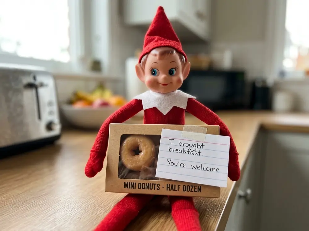 Toy elf doll arrives holding the box from a half-dozen mini donuts with a note: 'I brought breakfast