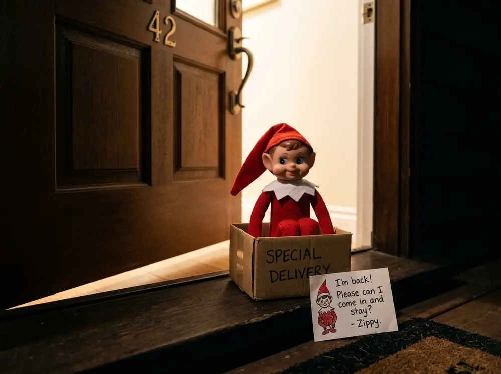 Knock on the door after dark; the toy elf doll is waiting on the step in a small gift box with an introduction letter