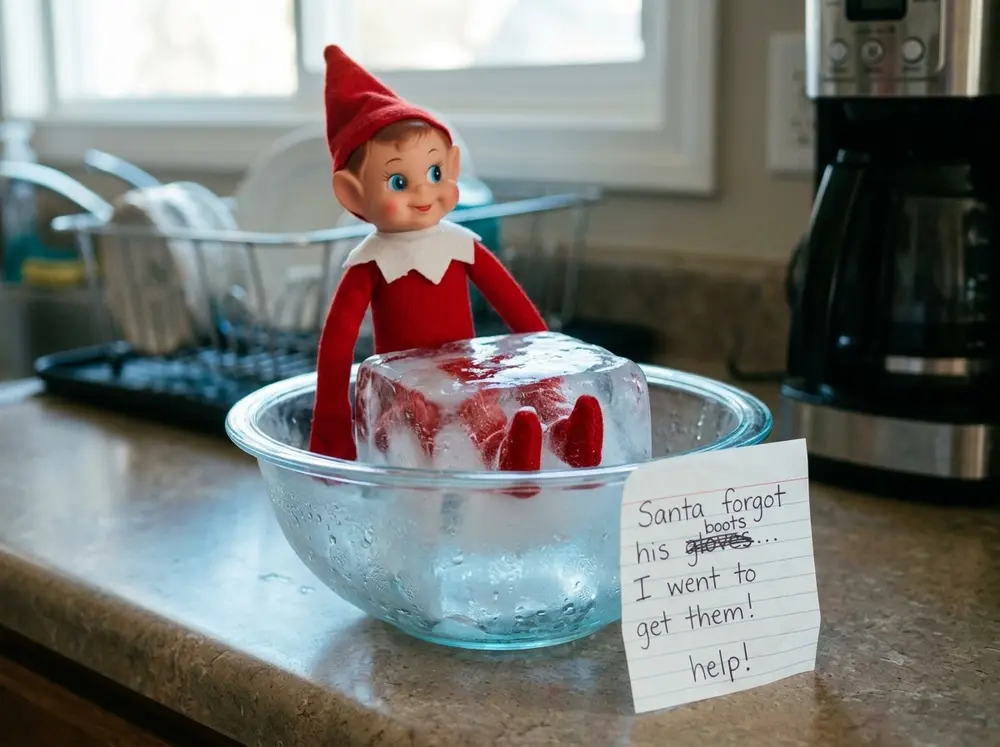Toy elf doll with its boots frozen in a bowl of ice beside an arrival note