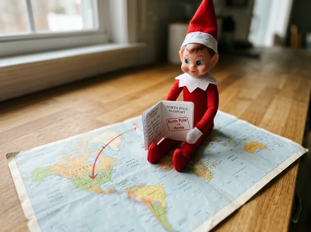 Toy elf doll arrives with a tiny homemade passport, stamped 'North Pole → Home,' resting on a world map with the route drawn in red