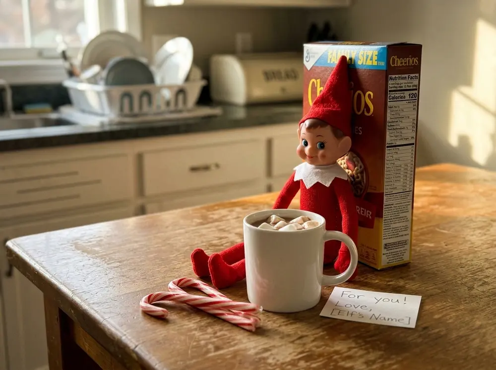Toy elf doll seated at a small hot-chocolate breakfast spread with candy canes