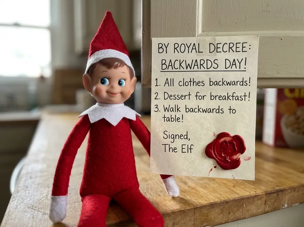 Toy elf doll posts a royal decree: clothes backwards, dessert first, walk backwards to breakfast — signed with a wax-crayon seal