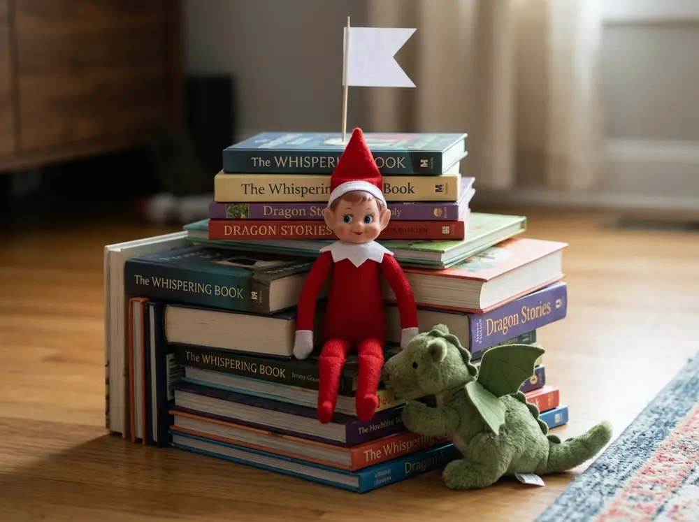 Stack books into a small castle around the toy elf doll, a paper flag on top and a stuffed-animal 'dragon' laying siege