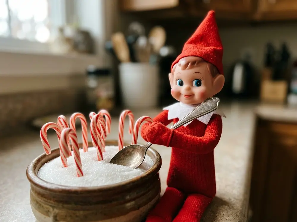 Plant candy canes upright in a pot of sugar or oats with the toy elf doll holding a spoon 'shovel' beside its crop
