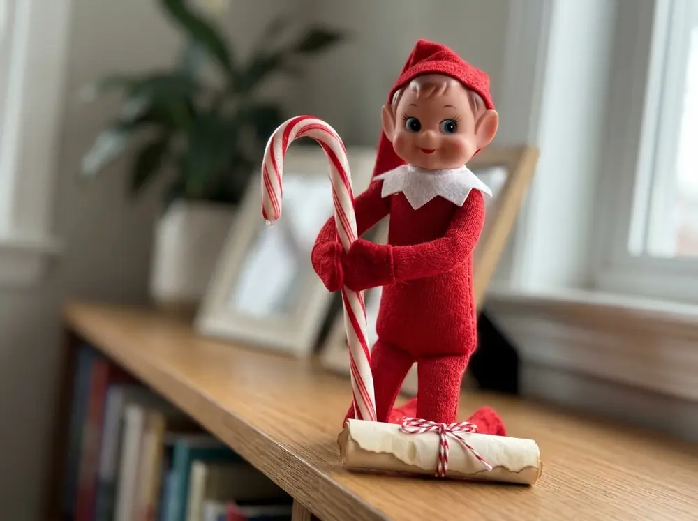 Toy elf doll holding a full-size candy cane upright like a sword