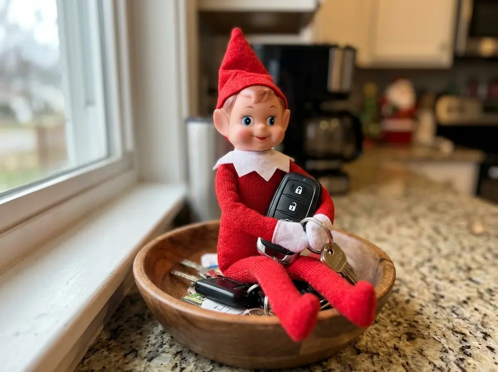 Sit the toy elf doll on the key hook or bowl holding the car keys, clearly planning a joyride