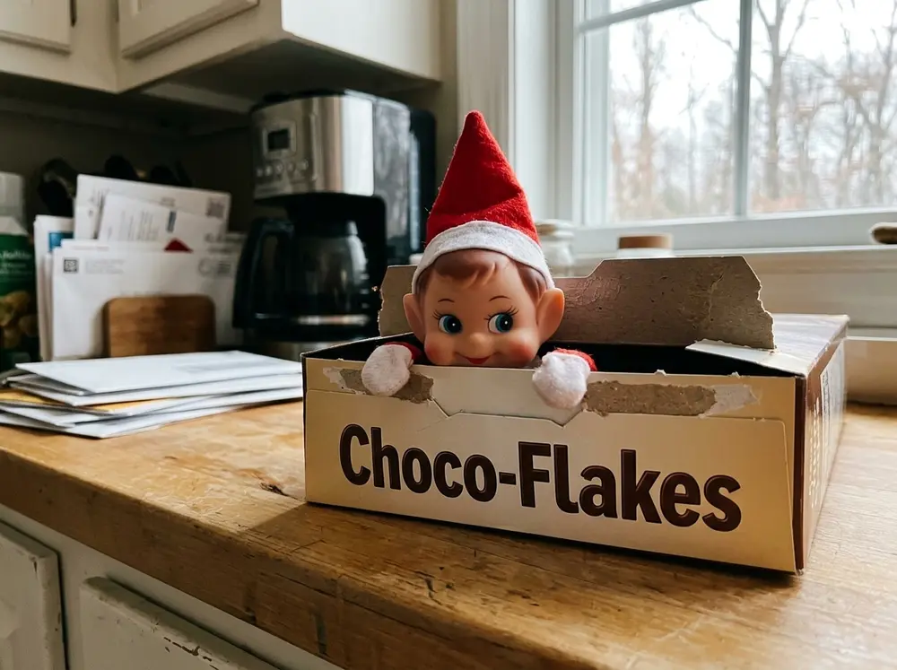 Tuck the toy elf doll inside the cereal box with just the head and hands out over the top edge