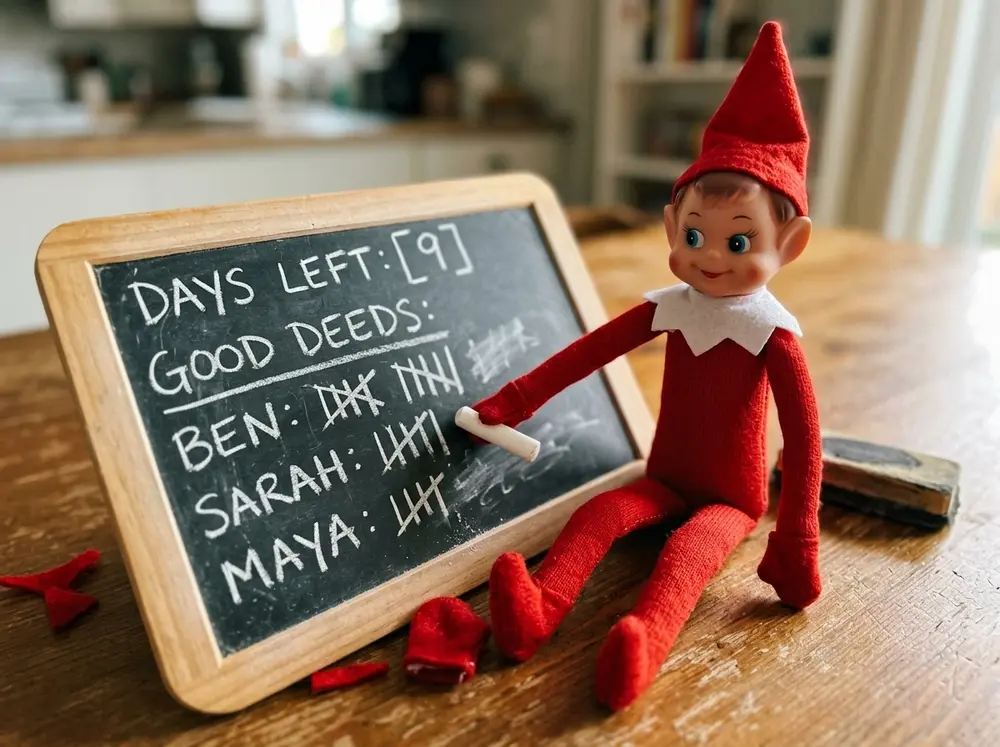 Toy elf doll updates a chalkboard or paper scoreboard with days left, plus a tally of 'good deeds spotted' for each kid