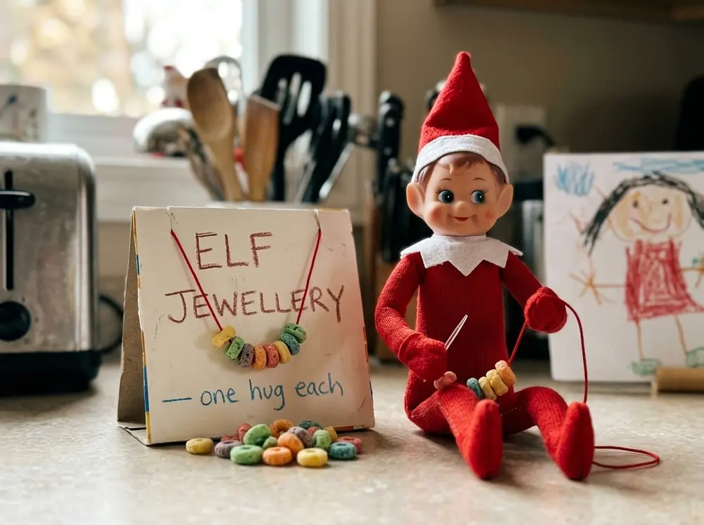 Toy elf doll threads a cereal necklace and displays it on a paper stand: 'ELF JEWELLERY — one hug each.'