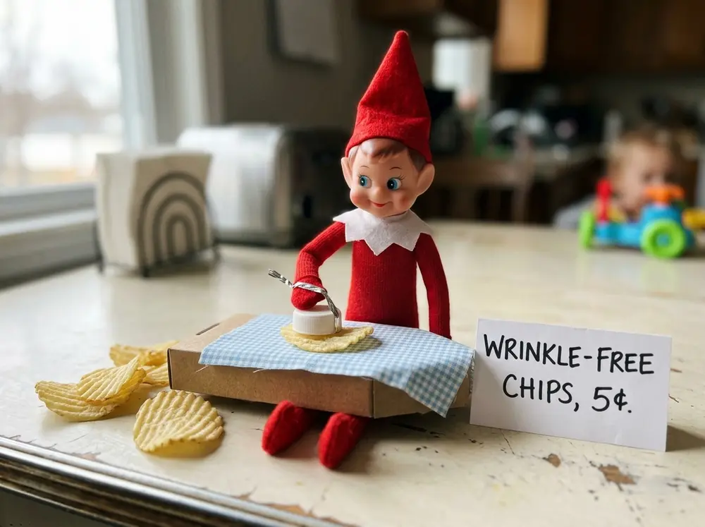 Toy elf doll 'irons' crinkle-cut chips flat on a tiny ironing board (box lid + cloth), with a sign: 'WRINKLE-FREE CHIPS, 5¢.'
