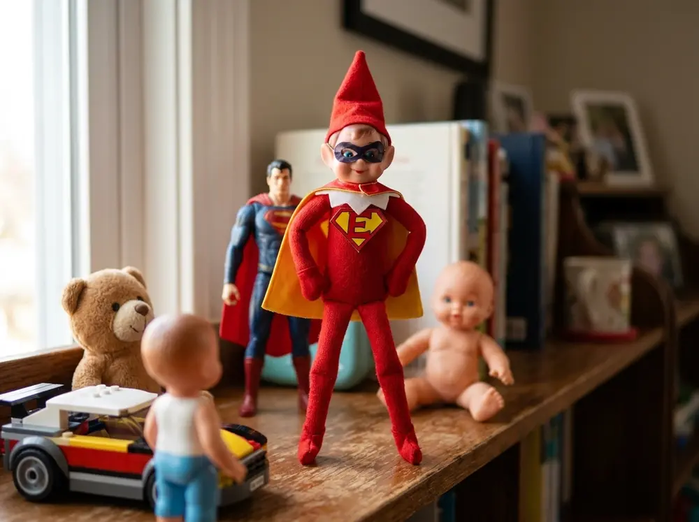 Toy elf doll borrows an action figure's cape and mask (or wears a doll's outfit) and strikes a hero pose on the shelf — the toys stand around in awe