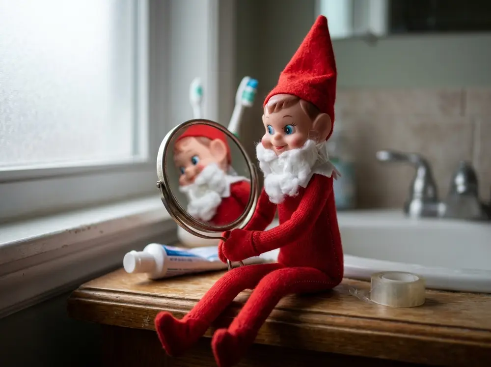 Toy elf doll wears a cotton-ball beard stuck to a loop of tape, admiring itself in a hand mirror