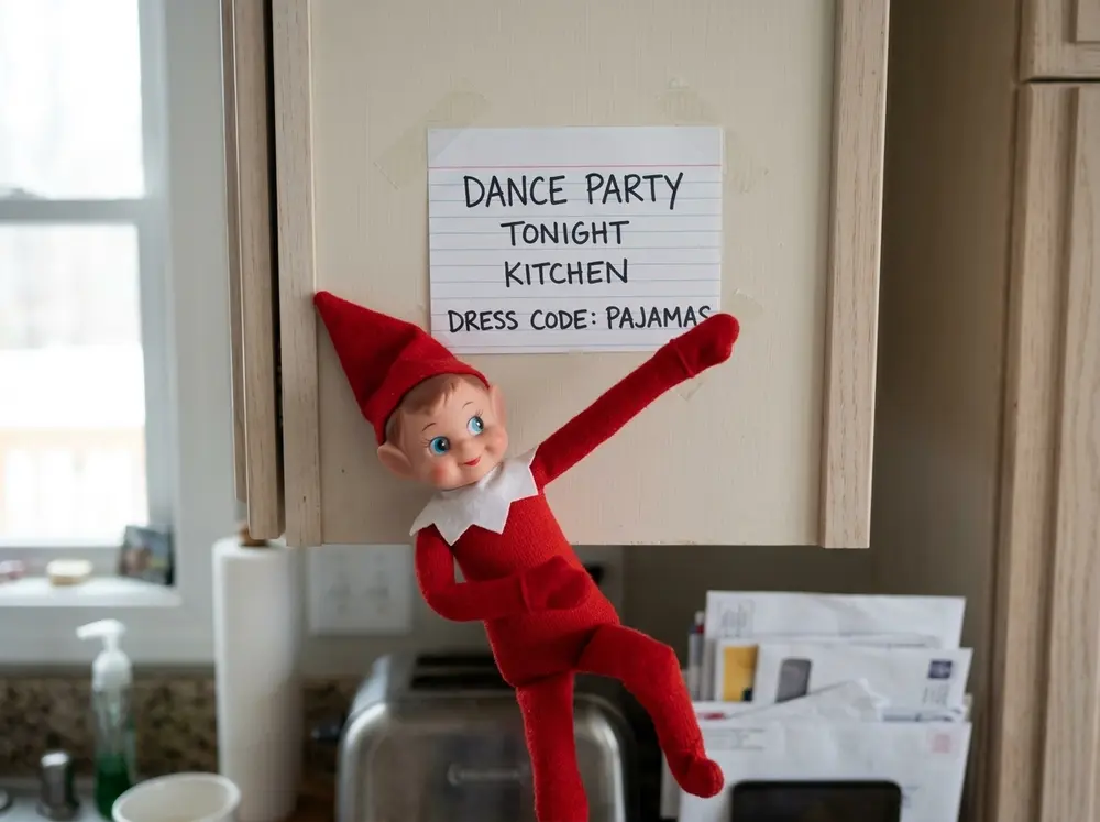 Toy elf doll tapes up a poster — 'DANCE PARTY, TONIGHT, KITCHEN, DRESS CODE: PAJAMAS' — and strikes a disco pose beneath it
