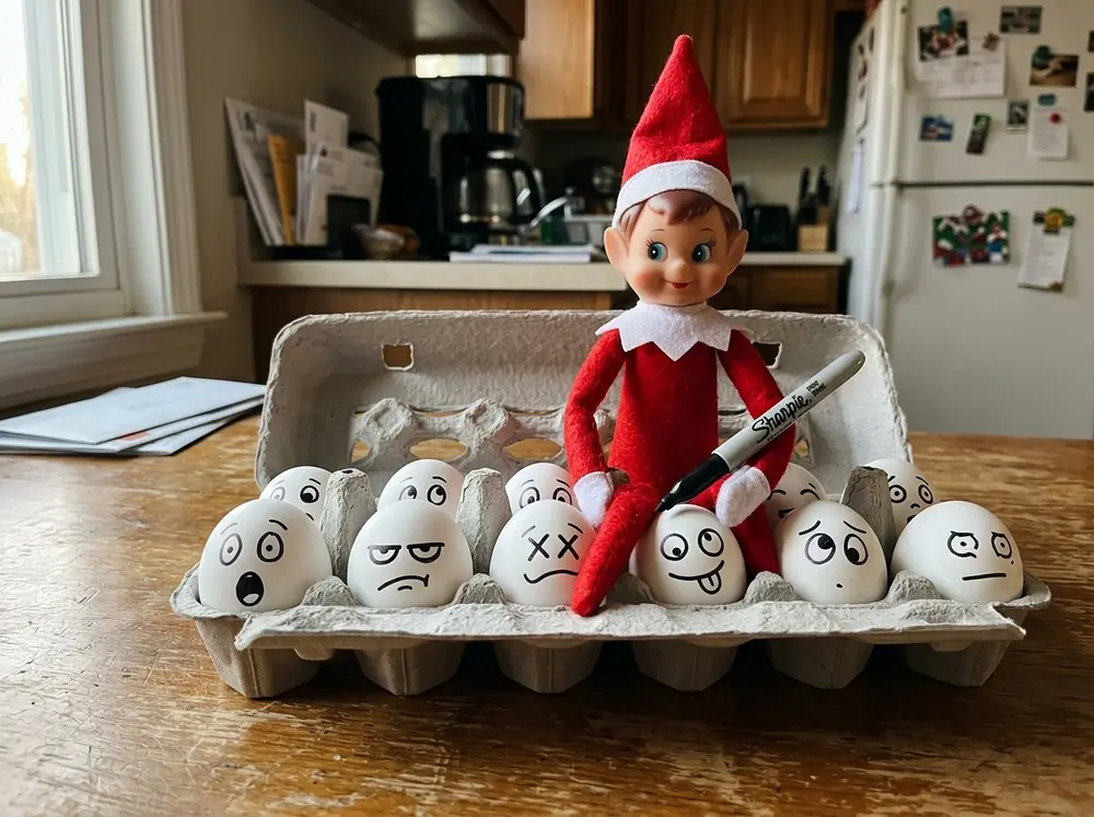 Open the egg carton to find a silly face drawn on every single egg — surprised, grumpy, cross-eyed — with the toy elf doll holding the marker,…