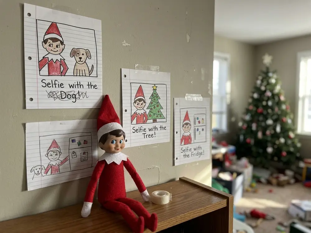 Toy elf doll tapes up three drawn 'selfies' of itself — with the dog, with the tree, with the fridge — labelled like a photo wall
