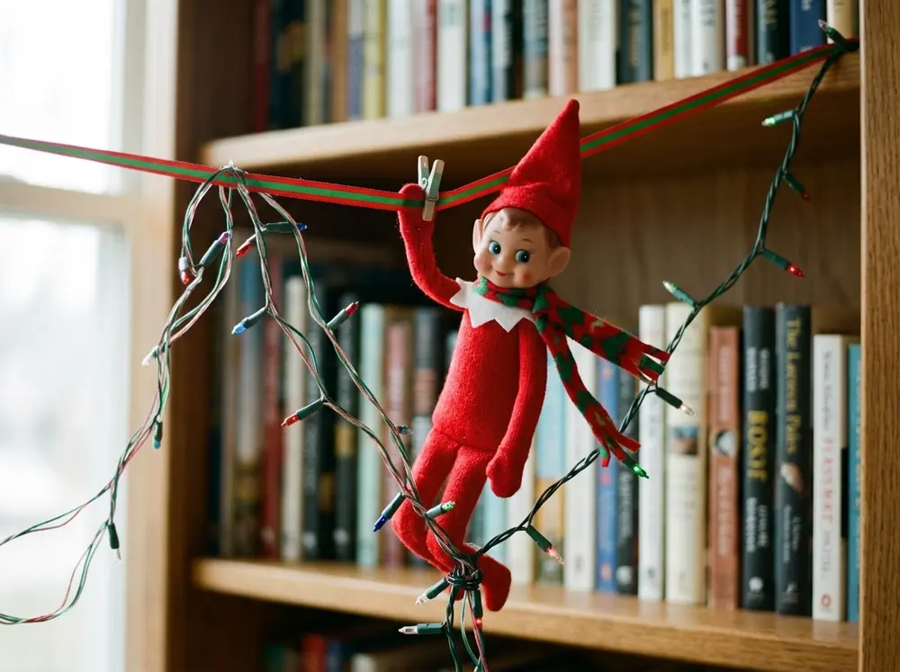 String lights across a bookcase and send the toy elf doll down a ribbon zipline through them, frozen mid-ride with a scarf trailing