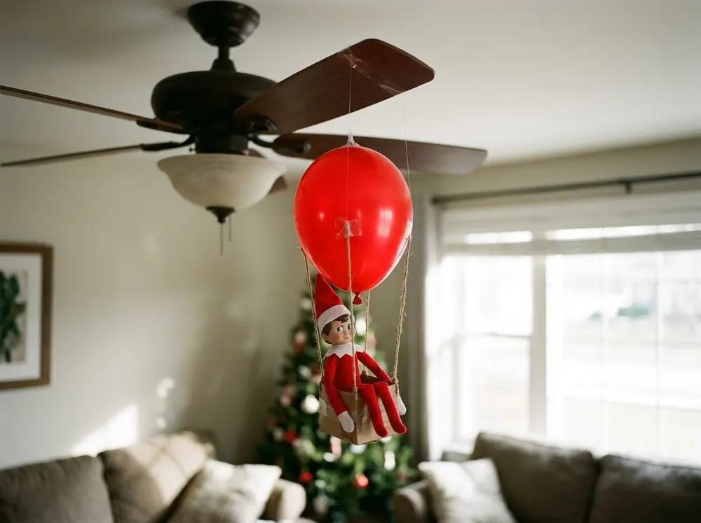 Rig a paper basket under a balloon and tie it to a ceiling-fan blade; on the lowest setting the toy elf doll circles the room in its 'hot-air…
