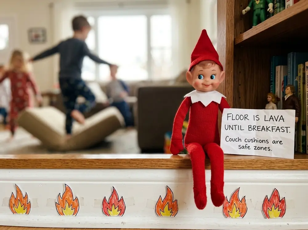 Paper flames taped along the baseboard, elf perched safely on the bookshelf, note: 'FLOOR IS LAVA UNTIL BREAKFAST