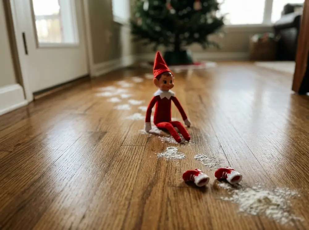 Dust flour 'snow' footprints from the door to the tree (fingertip prints work), elf mid-trail with tiny boots off