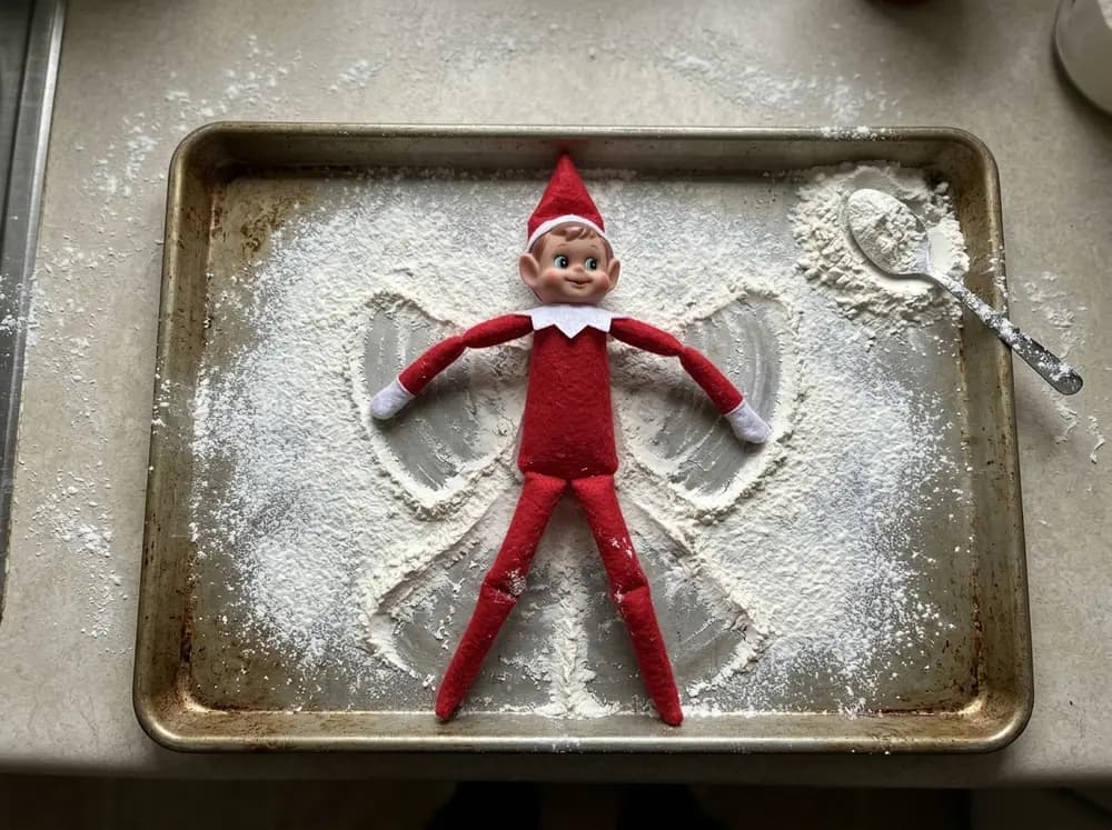 Toy elf doll making a snow angel in a thin layer of flour on a baking sheet