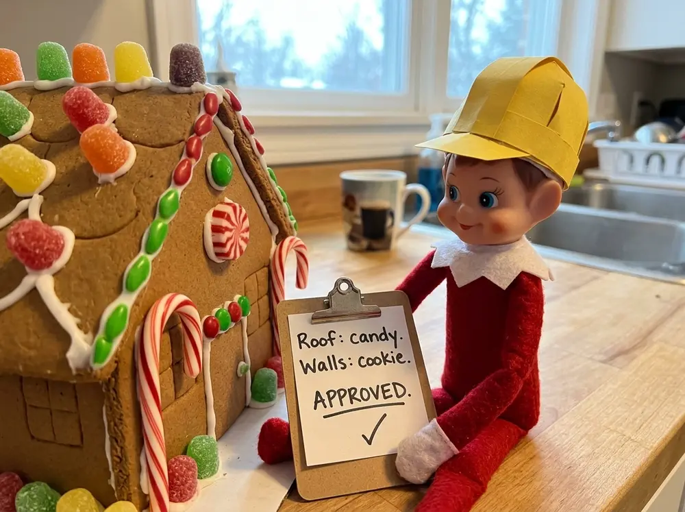 Toy elf doll wears a paper hard hat beside the gingerbread house with a clipboard: 'Roof: candy