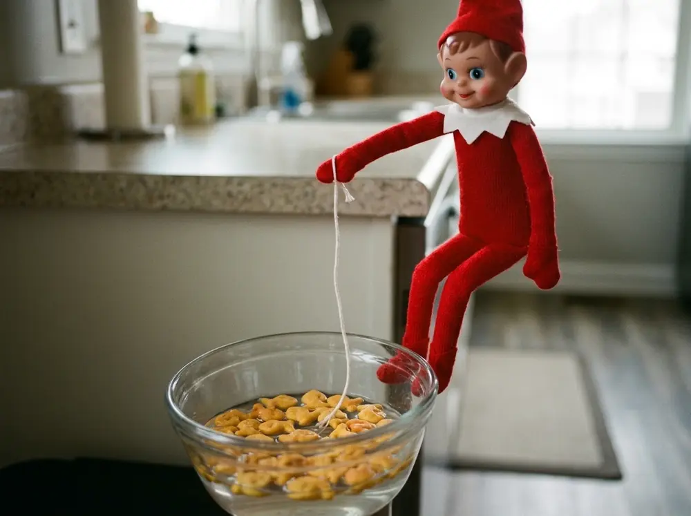 Toy elf doll fishing with string into a bowl of water full of goldfish crackers