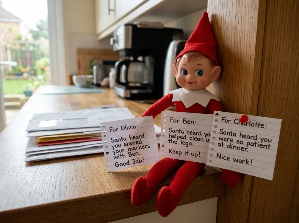 Instead of watching for trouble, the toy elf doll leaves a short note naming one specific good thing each kid did yesterday — 'Santa heard you…