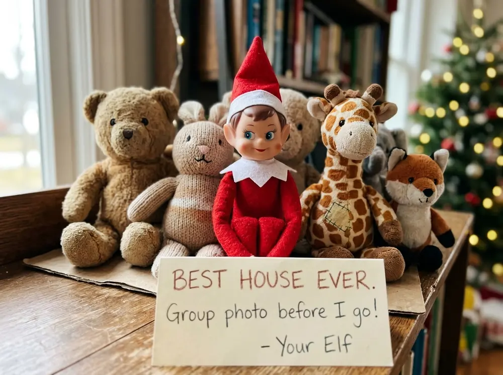 Toy elf doll poses with the family's stuffed animals in a 'farewell photo' arrangement with a drawn banner: 'BEST HOUSE EVER.'