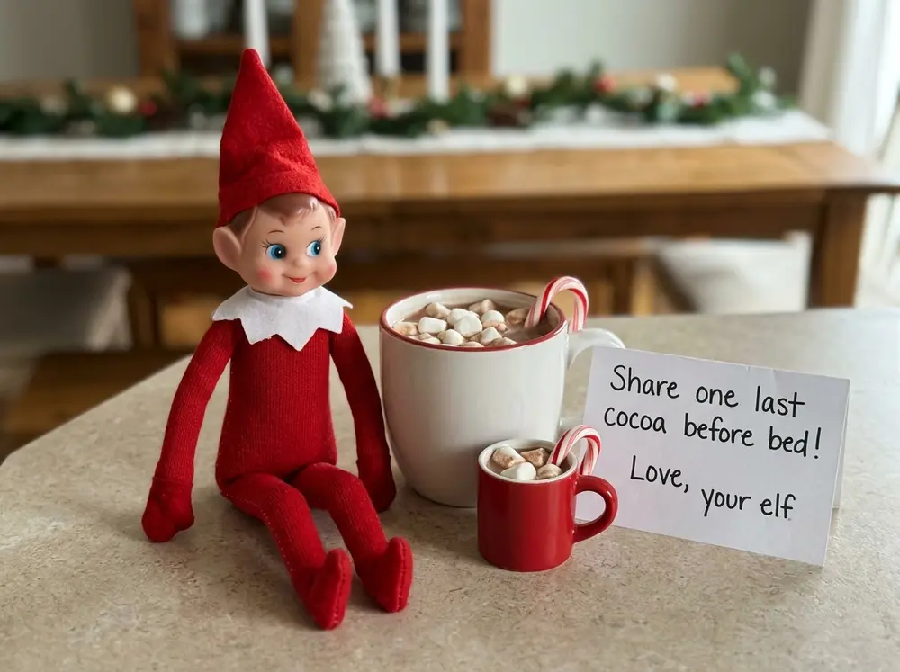 Two mugs of cocoa fixings set out — one elf-sized — with a note inviting the kids to share one last cocoa before bed