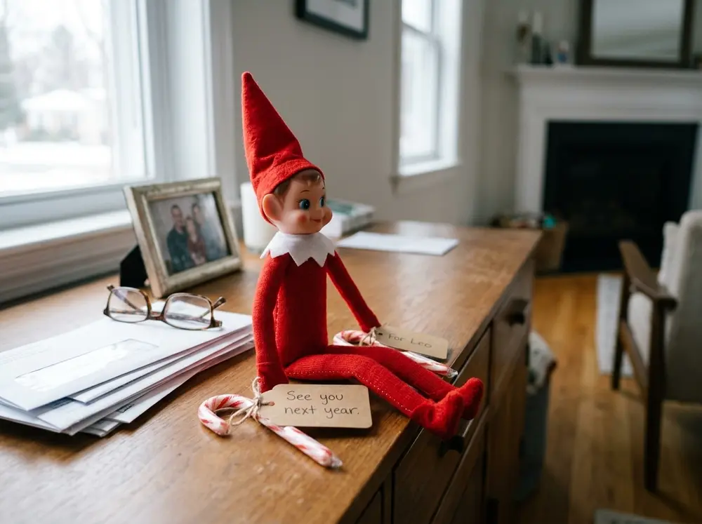 Toy elf doll leaves a small parting gift — an ornament or candy cane per child — tagged 'See you next year.'