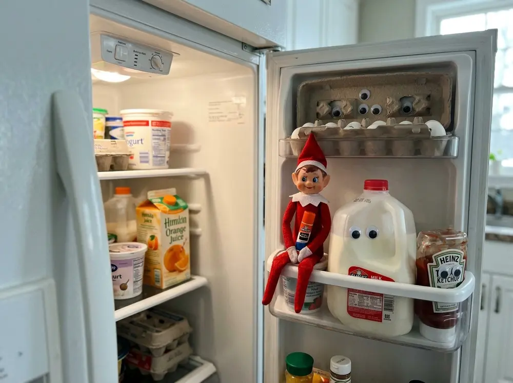 Googly eyes stuck on fridge items with the toy elf doll holding a glue stick