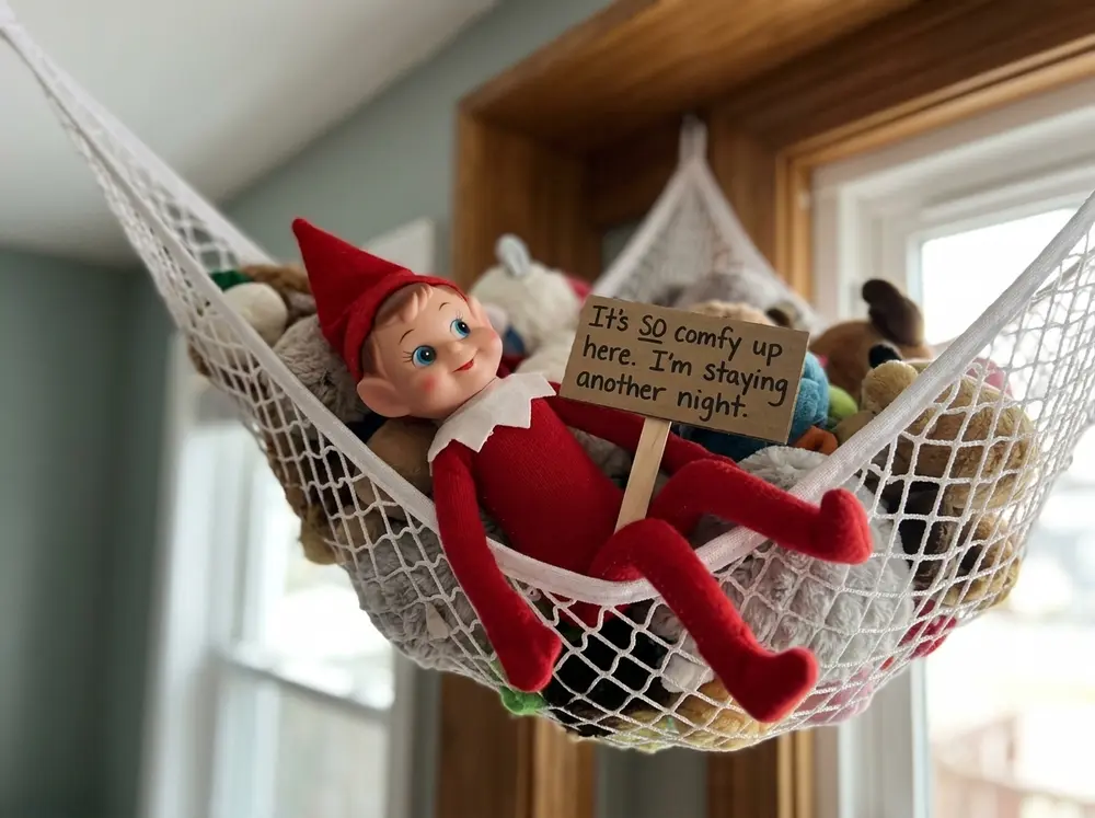 Toy elf doll lounges in the stuffed-animal hammock (or a high shelf) with a sign: 'It's SO comfy up here
