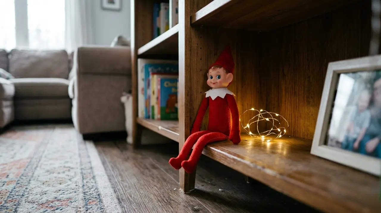 Toy elf doll sitting on a living-room shelf beside warm fairy lights