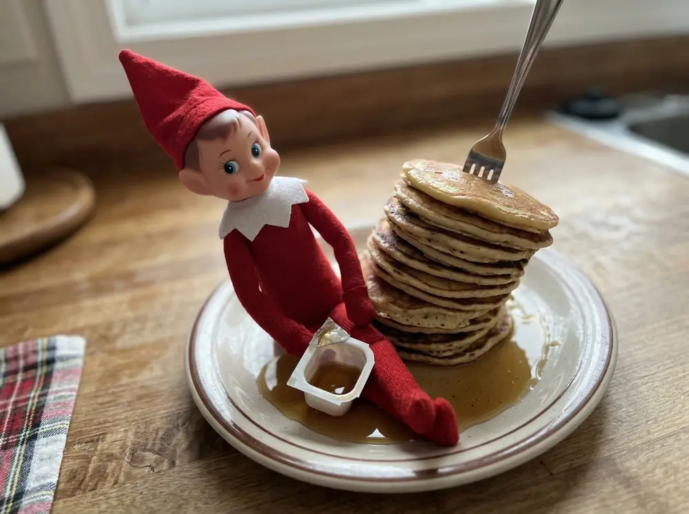 Toy elf doll leans against a tower of (real or felt) pancakes gone wrong, syrup packet in hand and a fork stuck like a flag