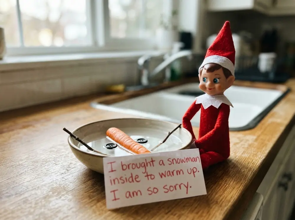 Toy elf doll — A shallow bowl of water with a carrot, two button eyes, and stick arms floating in it