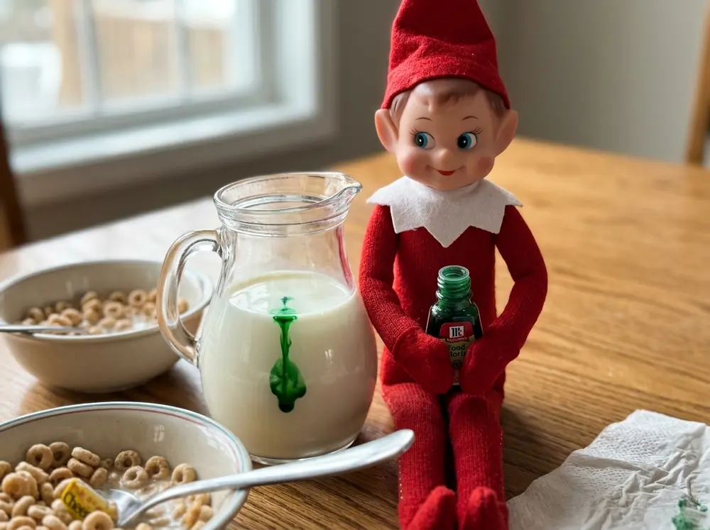 A drop of green food colouring in the milk jug; the toy elf doll holds the colouring bottle with a guilty grin at breakfast