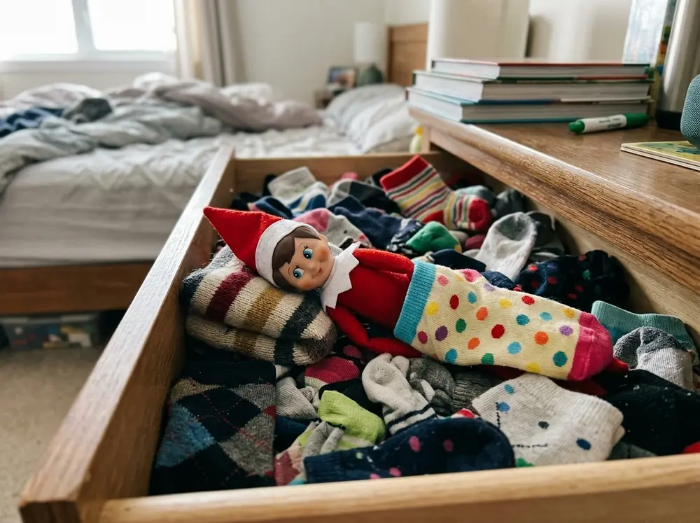 Every sock pair in one drawer gets mismatched; the toy elf doll sleeps in the drawer on a sock pillow, one sock as a blanket