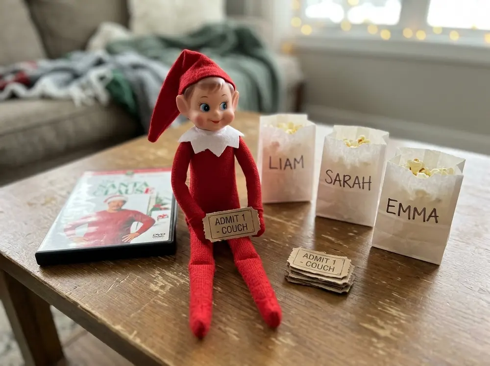 Toy elf doll sets out a Christmas movie, popcorn bags labelled with each kid's name, and torn-paper 'tickets' for the couch
