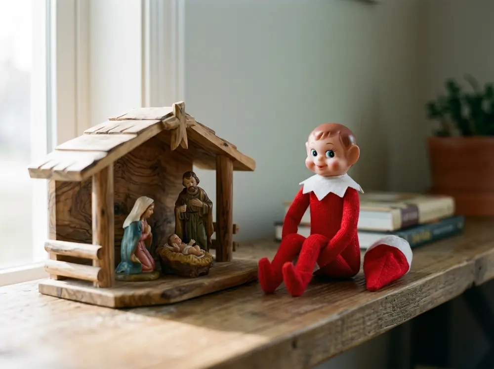 Toy elf doll sits quietly beside the nativity scene, hat off, watching