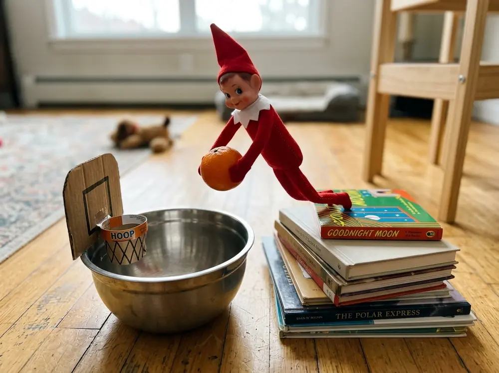 A mixing bowl on the floor is the hoop; the toy elf doll is frozen mid-dunk off a stack of books with a clementine ball