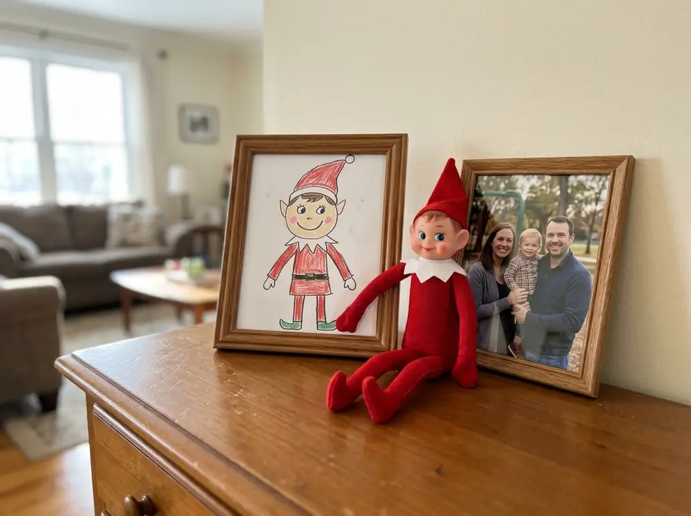 Toy elf doll replaces one framed family photo with a drawn self-portrait; the original leans against the wall nearby