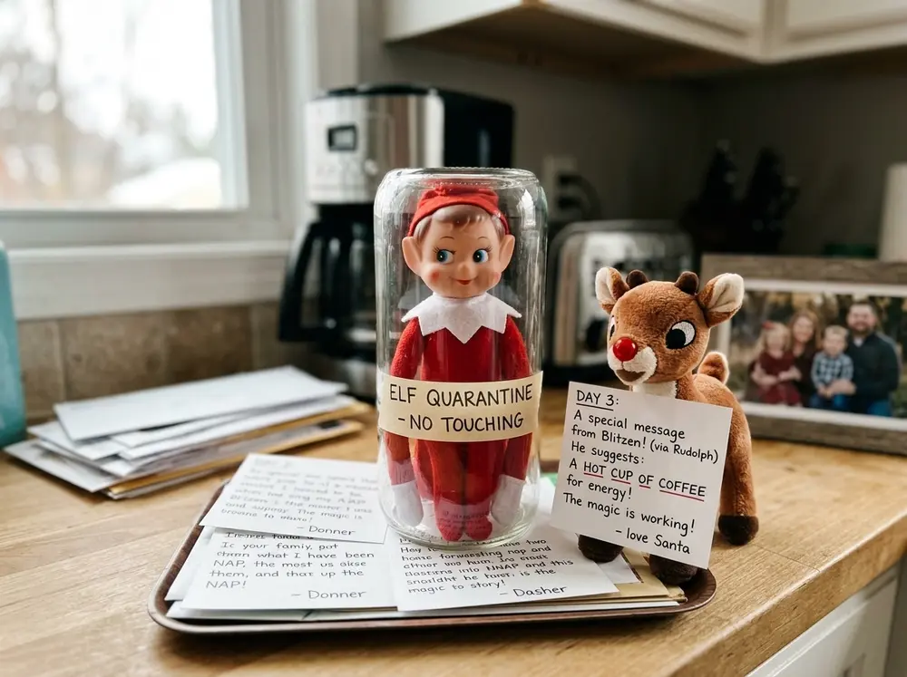 After a touch, the toy elf doll quarantines in a jar while Rudolph relays a different reindeer's cure idea each morning — coffee from Blitzen, a…
