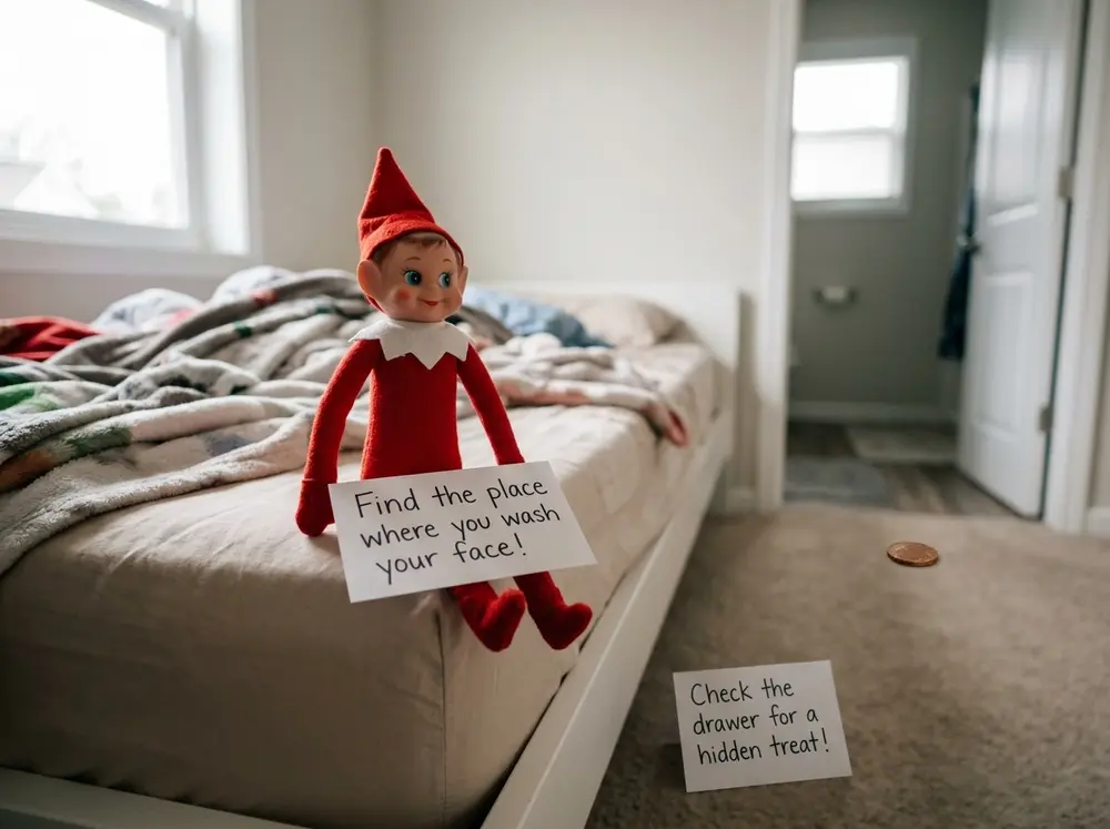 Toy elf doll leaves a three-clue trail — bed, bathroom, kitchen — ending at a treat or the day's advent calendar door